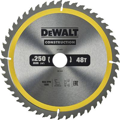 DeWalt circular saw blade with 250 mm diameter and 48 teeth, for construction applications. Maximum speed: 5,500 rpm.