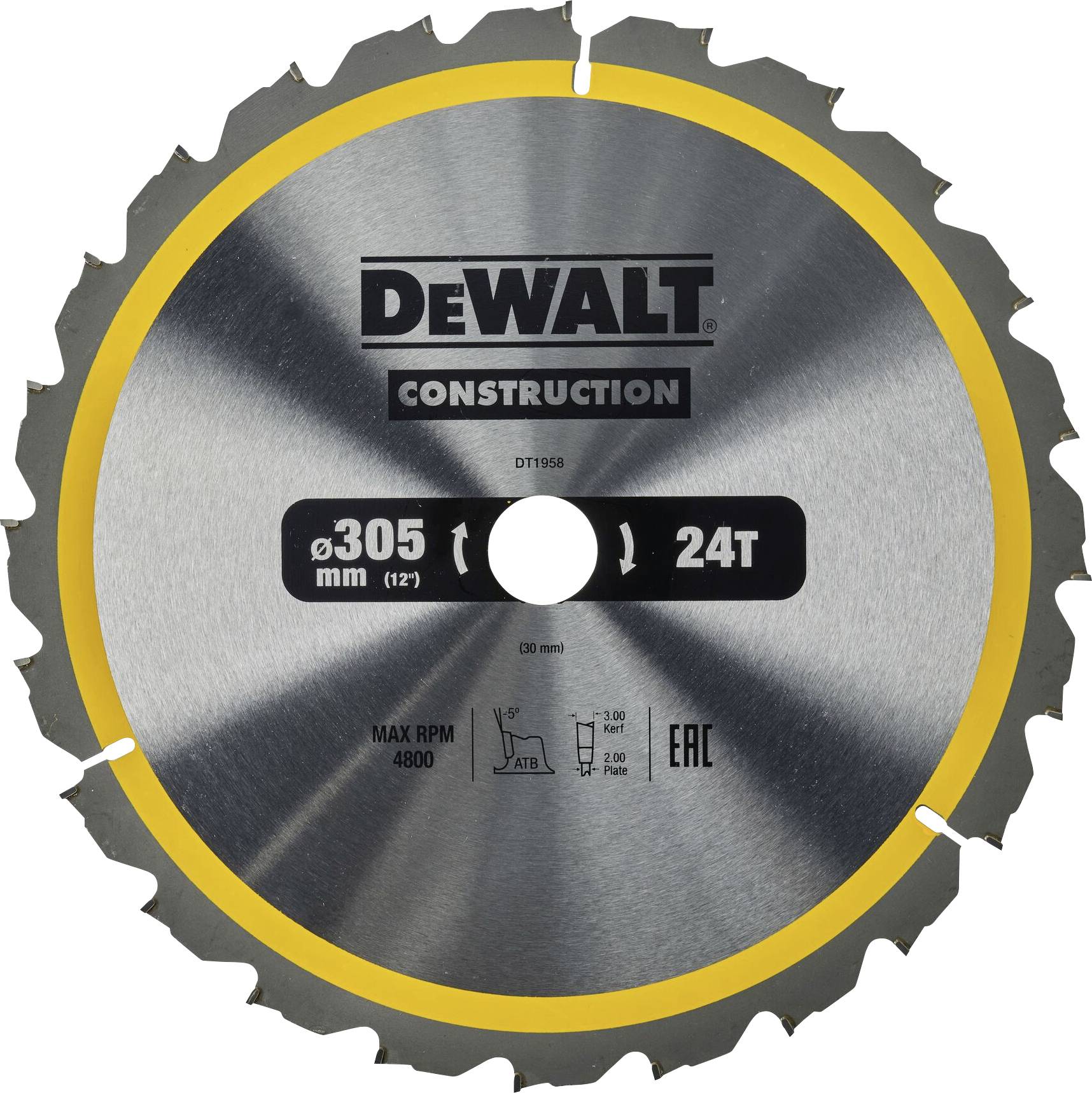 'DeWalt circular saw blade, 305 mm diameter, 24 teeth, maximum rotational speed 4,800 RPM, suitable for woodworking.'