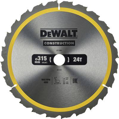 'Round DeWalt Construction saw blade with 24 teeth, diameter 315 mm, maximum 4800 rpm.'