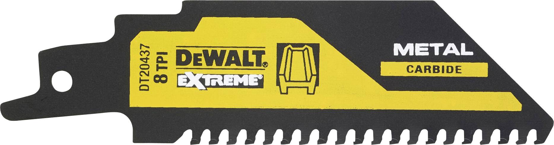 Saw blade with yellow label, inscription 'DEWALT EXTREME', 'METAL CARBIDE', 8 TPI, indication of tungsten carbide cutting.