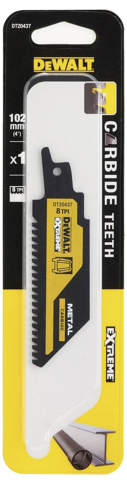 Packaging for a DeWalt metal saw blade, 102 mm in length. Exceptionally wear-resistant with carbide teeth for extreme applications.