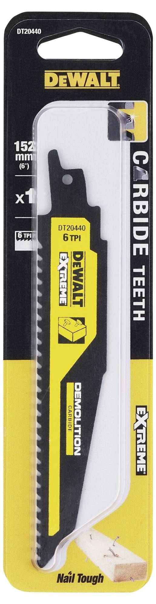 Packaging of a DeWalt reciprocating saw blade with tungsten carbide teeth, 152 mm in length, suitable for demolition work and industrial applications.