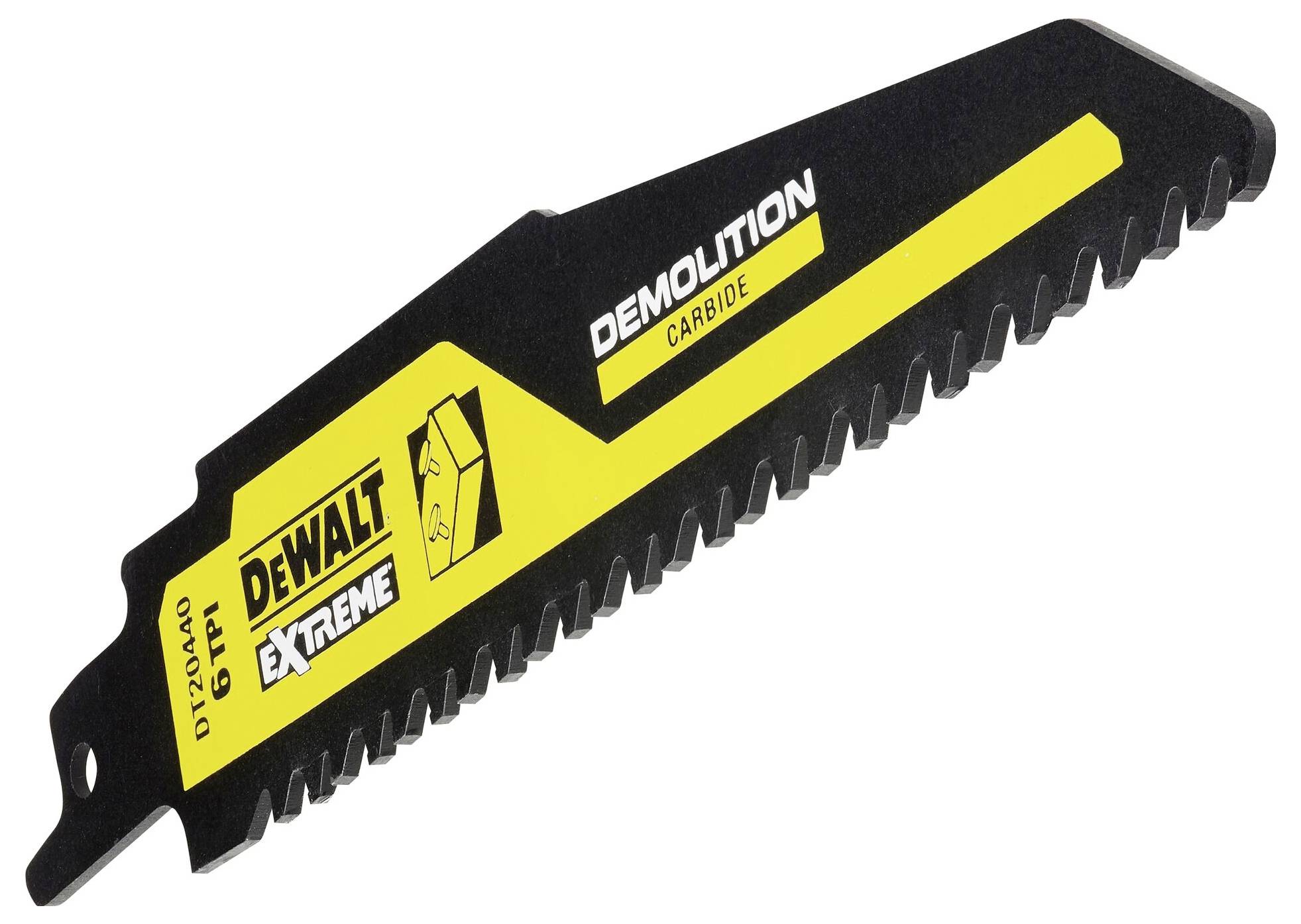 Saw blade in yellow and black packaging, labelled with 'Dewalt Extreme' and 'Demolition Carbide', suitable for demolition work.