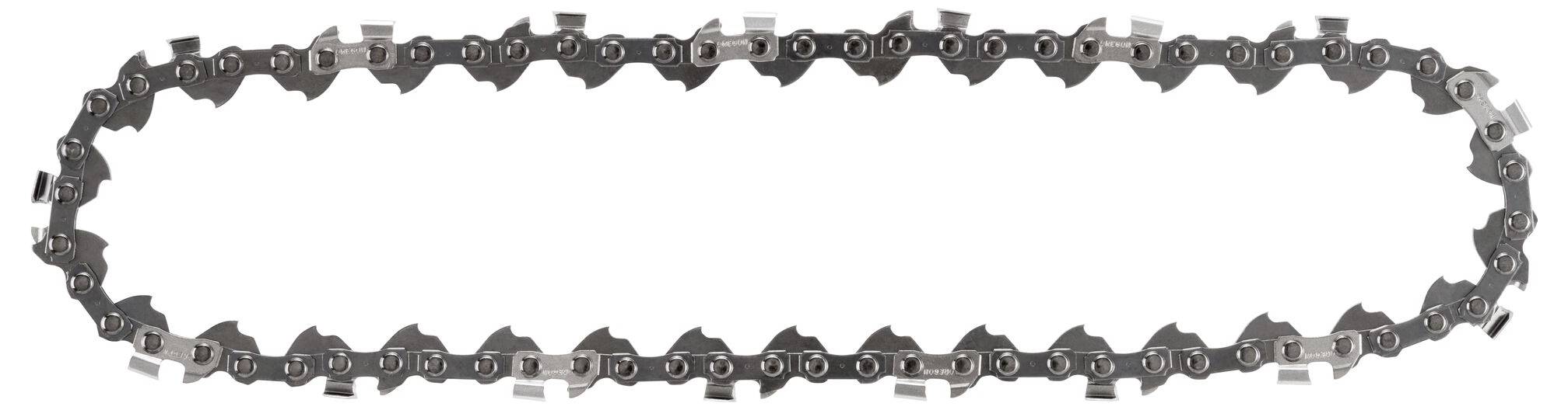 Chainsaw chain in an oval shape, showing sharp chain links and connecting pieces. Primarily used in forestry and woodworking.