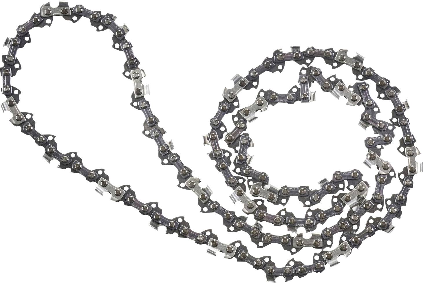 A long, loose chainsaw chain is spread out on a white background, with its sharp chain links emphasised.