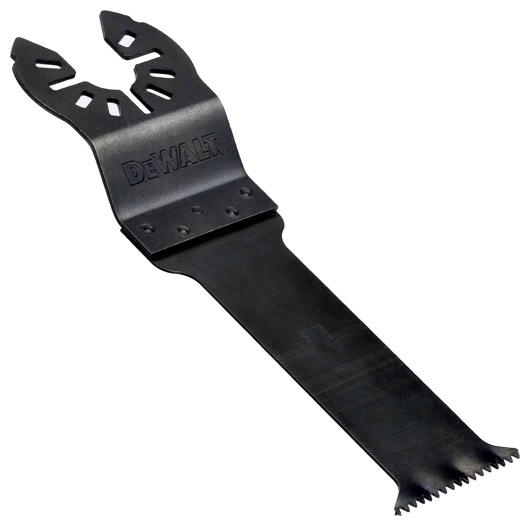 A black DeWalt saw blade with a toothed end and special connection, suitable for various cutting tasks and tools.