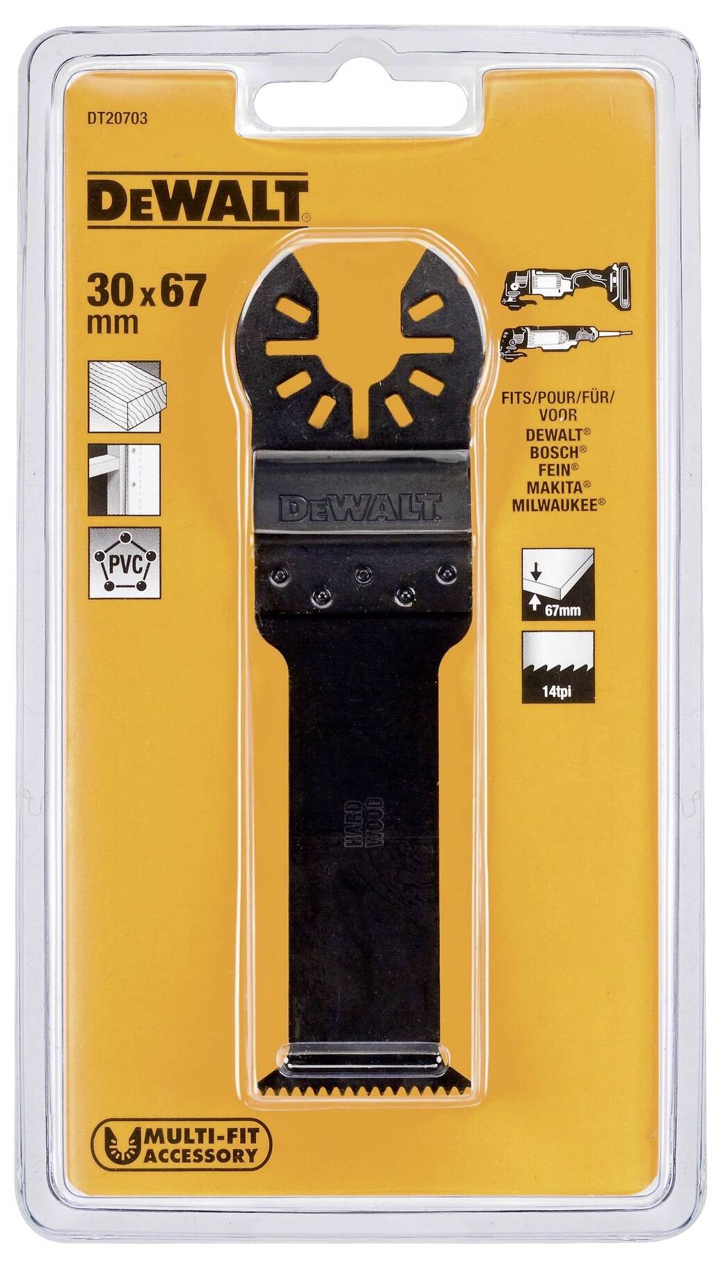 'DeWalt saw blade, Multi-Fit, 30 x 67 mm, for wood, PVC, metal; compatible with various tools. Accessory shown on packaging.'