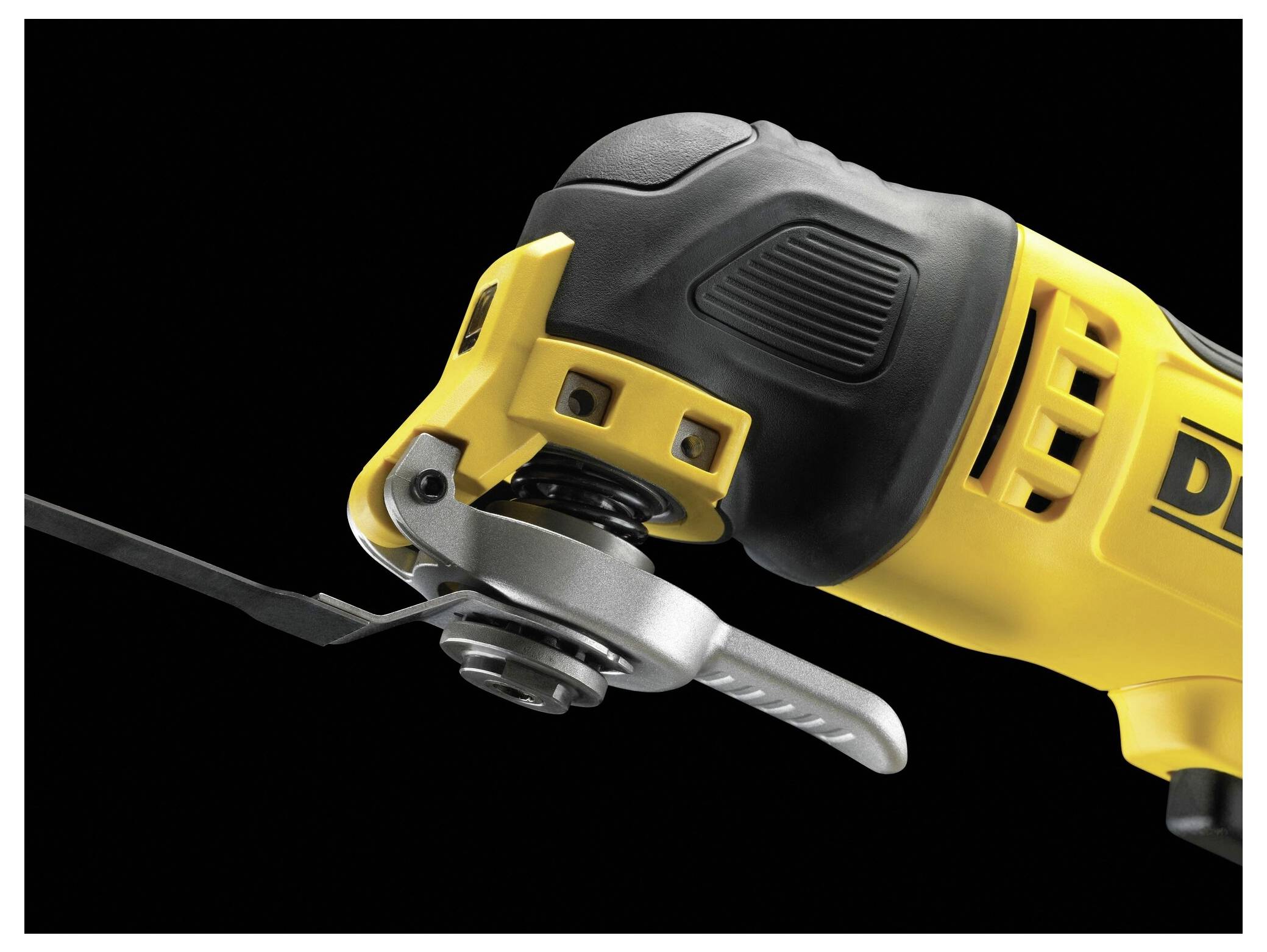 A close-up of a yellow multi-tool with a black handle and a blade, suitable for various cutting tasks.