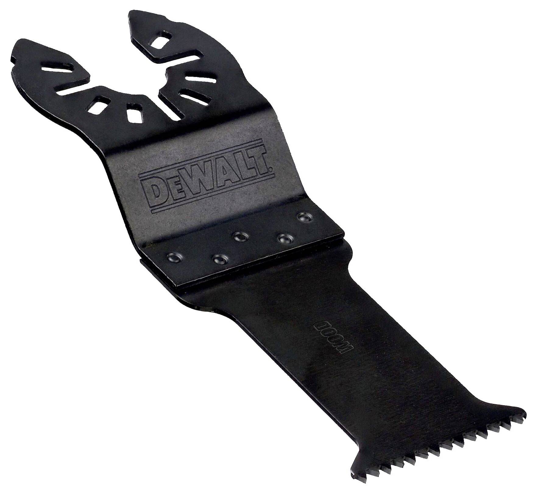 DeWalt multi-tool saw blade with serrated edges, suitable for cutting materials such as wood and plastic.