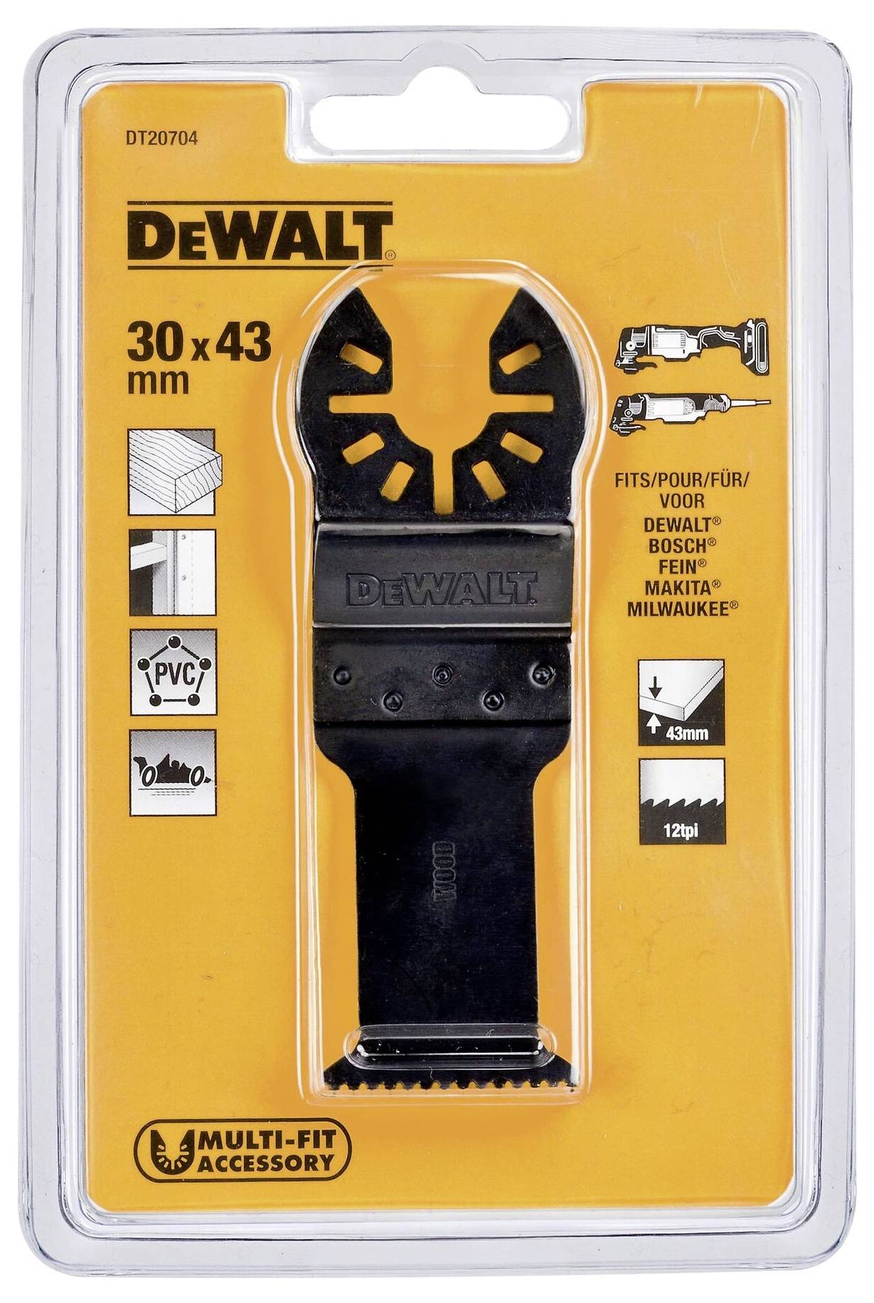 DeWalt saw blade for multi-function tools, 30 x 43 mm, compatible with various brands. Packaged in a blister pack.