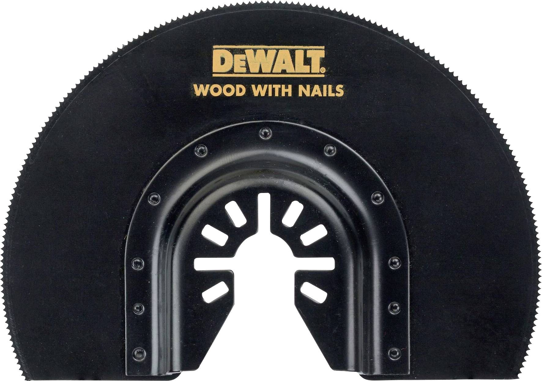Black DeWalt wood saw blade with nails, semi-circular, with teeth along the straight edge for oscillating tools.