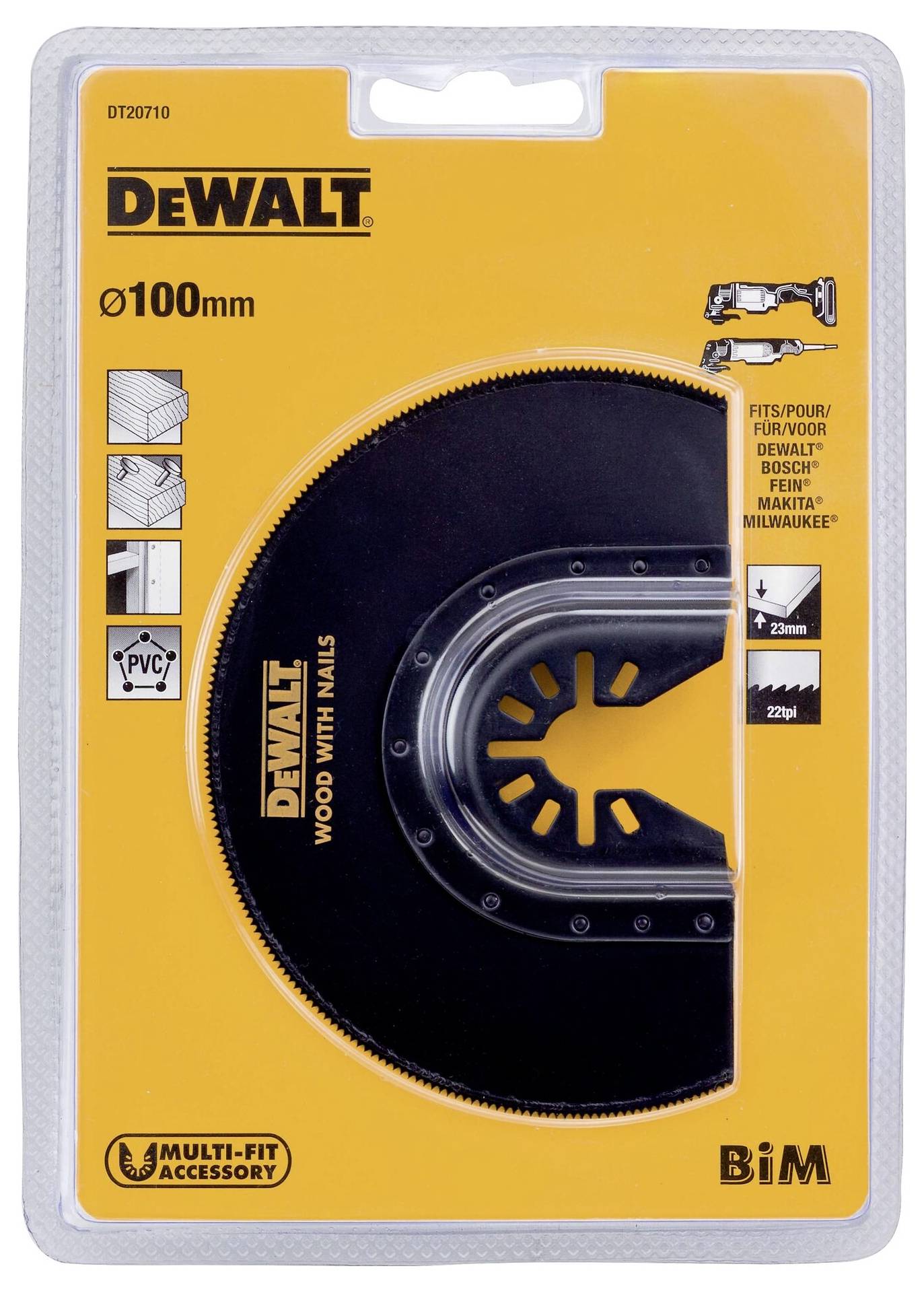 DeWalt Universal Saw Blade, 100 mm, for Wood with Nails. Compatible with Bosch, Fein and other brands. Packaging in Yellow and Black.