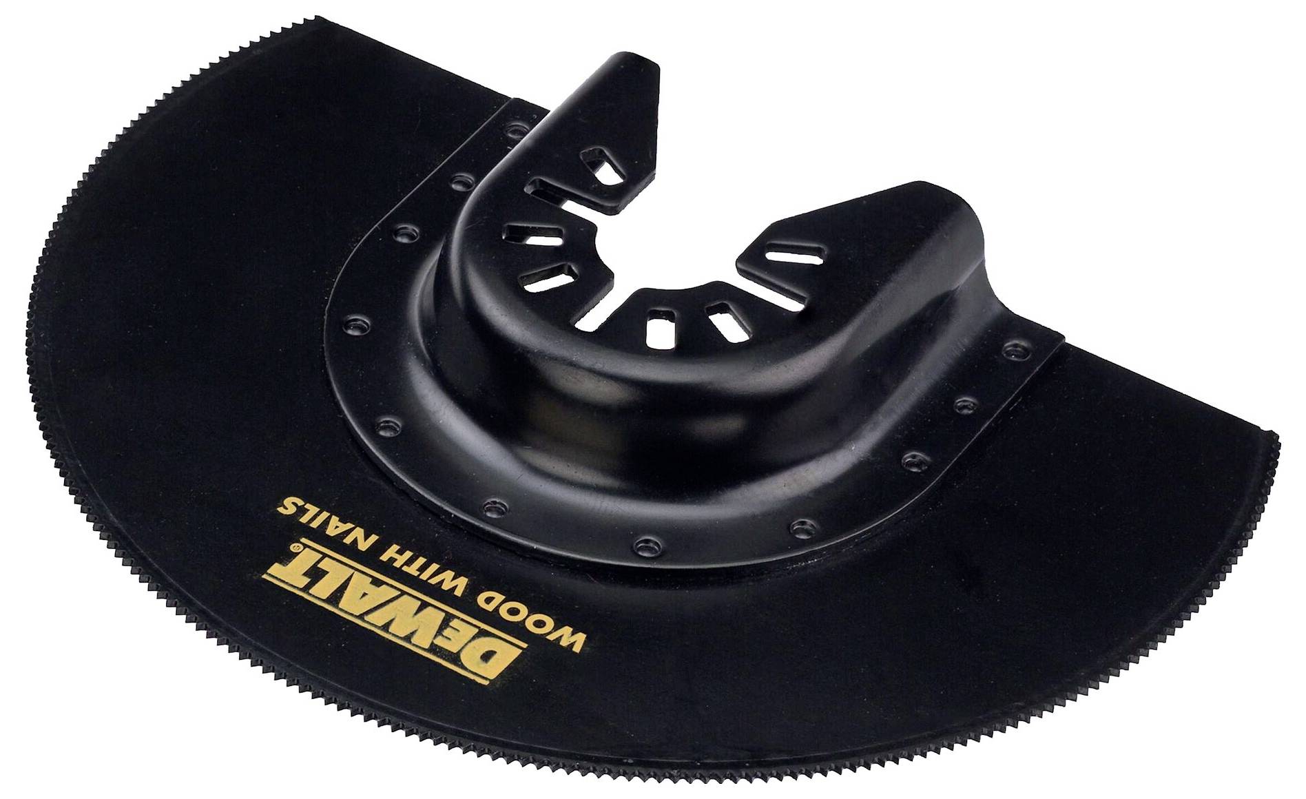 A black, semi-circular DeWalt saw blade, labelled 'WOOD WITH NAILS'. Suitable for sawing through wood and nails.