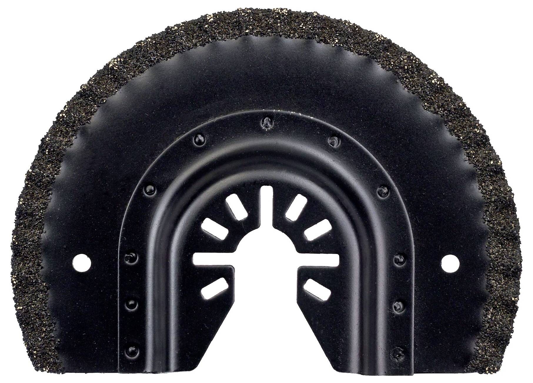 A semi-circular saw blade with a granular edge, suitable for oscillating tools, for damage-free processing of materials.