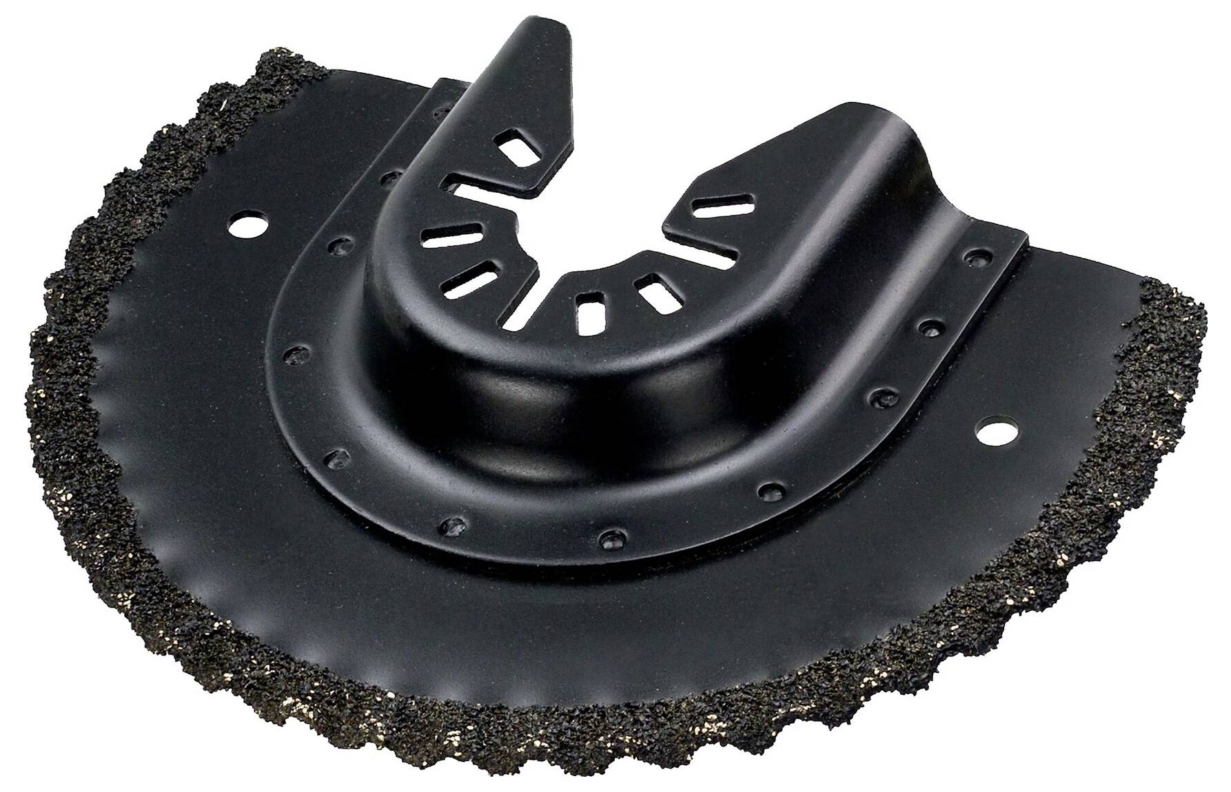 A black oscillating saw blade with a semi-circular cutting edge and serrated border, suitable for materials such as tiles or grout.
