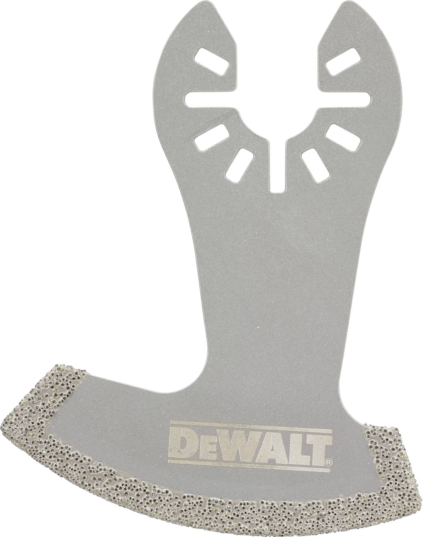 DeWALT oscillating saw blade with diamond-coated edge, suitable for precise cutting of hard materials such as tiles.