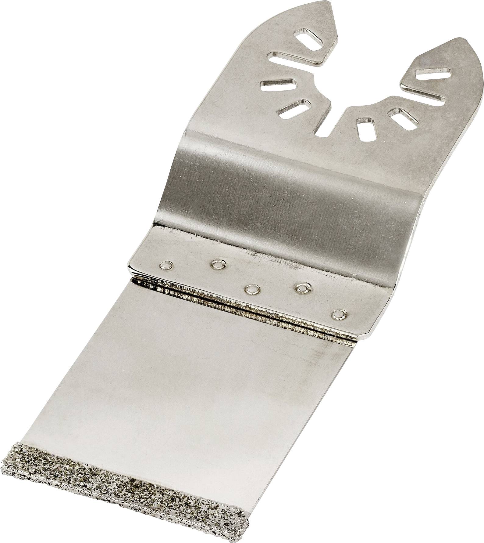 Metallic saw blade with a wide, flat cutting head and serrated edge at the bottom, secured to a robust mounting bracket.