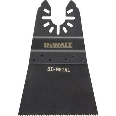 A black DeWalt bi-metal reciprocating saw blade, rectangular with a serrated cutting edge at the bottom and symmetrical notches at the top.