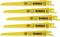 Five yellow saw blades by DEWALT with the inscription 'LONG LIFE' and 'BIM', arranged in a diagonal row.