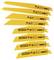Yellow DeWalt saw blades with 'Demolition' printed on them, featuring symbols indicating long-lasting performance, precision, and various application areas.