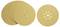 Several round sanding discs in beige sandpaper with holes in the centre are lying side by side and on top of each other.