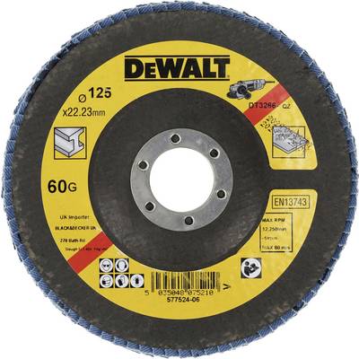 DEWALT grinding disc, 125mm diameter, 60 grit. Suitable for metalworking. Yellow lettering on a black background.