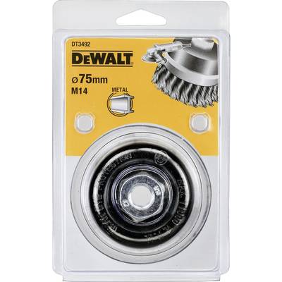'DeWalt 75mm Steel Wire Brush with M14 Fitting, perfect for Metalworking.' Yellow and Black packaging with product image located in top right corner.