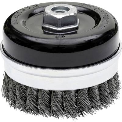 Wire brush with metal bristles, ideal for removing rust or paint from metal surfaces. Suitable for use with power drills.