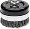 Wire brush with metal bristles, ideal for removing rust or paint from metal surfaces. Suitable for use with power drills.