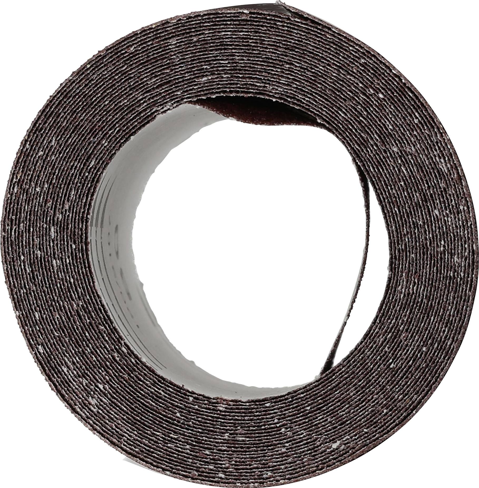 Brown, round sandpaper in a rolled-up roll, viewed from above.