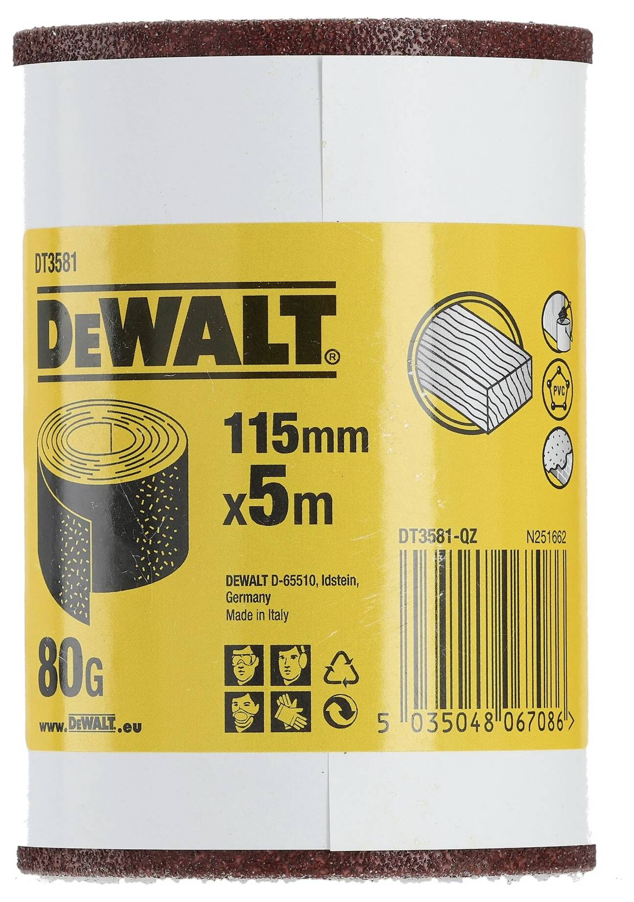Sandpaper roll, DeWALT brand, 115mm x 5m, 80 grit. Yellow label with text and barcode. Manufactured in Italy.