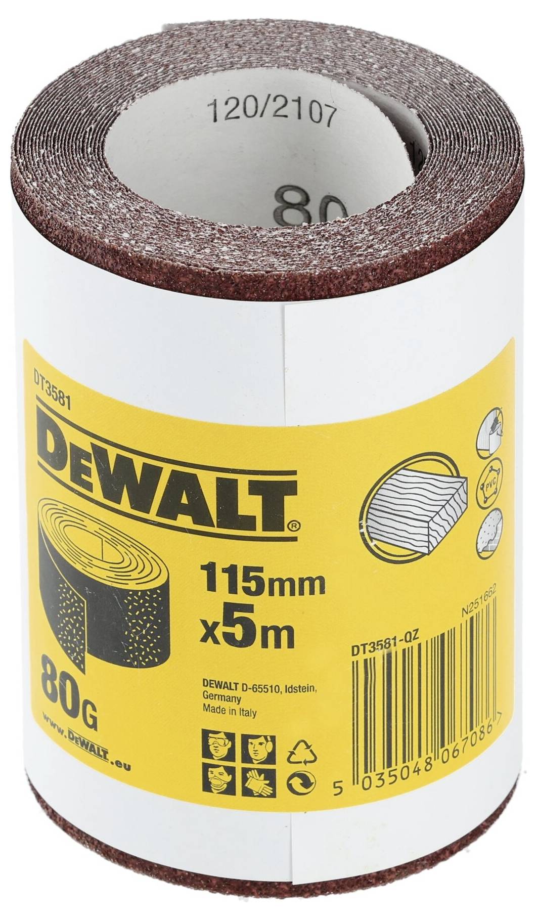 Roll of DeWalt coarse sandpaper, 80 Grit, dimensions: 115mm x 5m. Packaged in yellow paper with manufacturer details.