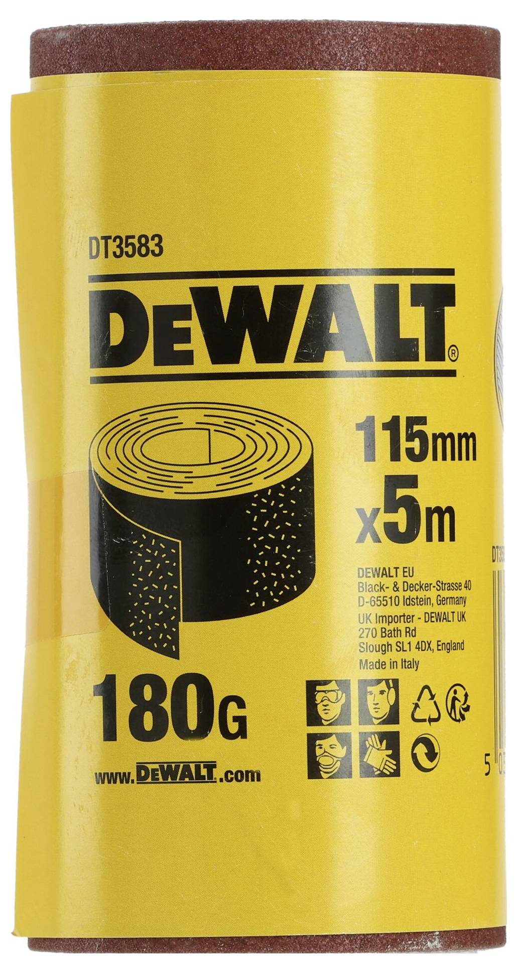 'DEWALT sanding paper roll, 115mm x 5m, 180 grit, illustrated on yellow packaging with product information and manufacturer details.'