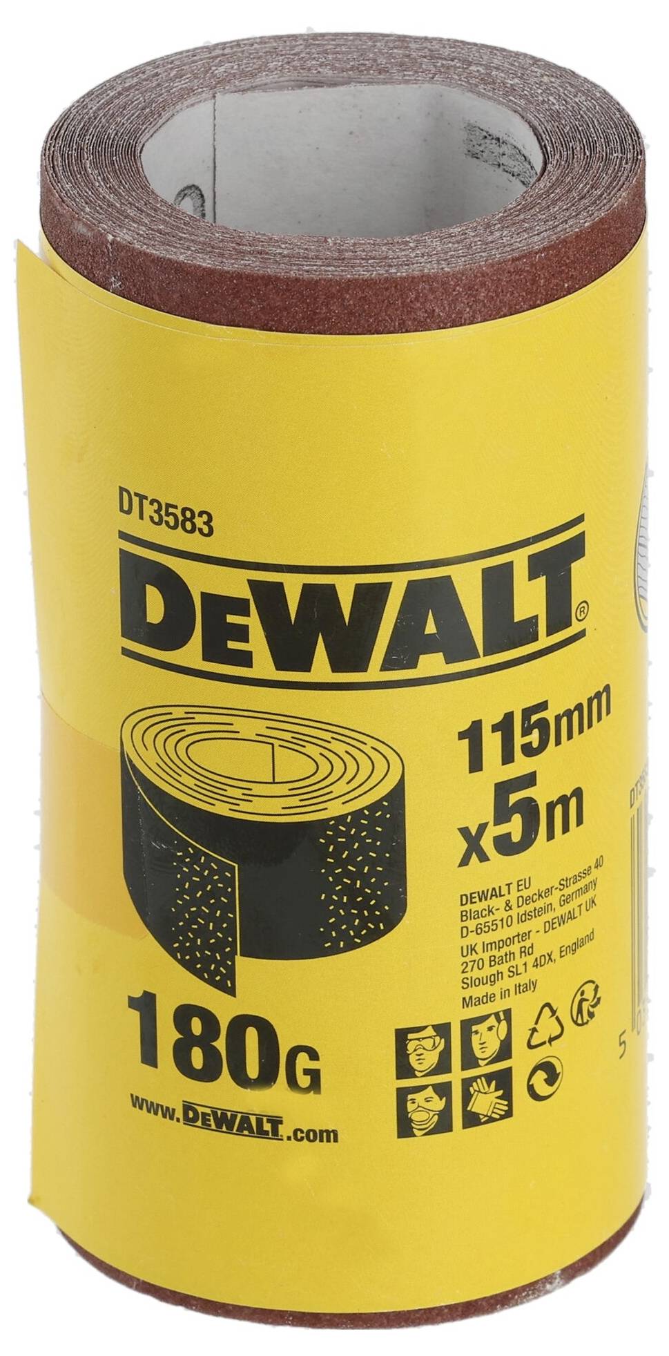 DeWalt sandpaper roll, measuring 115 mm x 5 m, 180-grit, standing upright with a yellow label.
