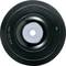 A black wheel with a silver centre, possibly part of a vehicle or device.