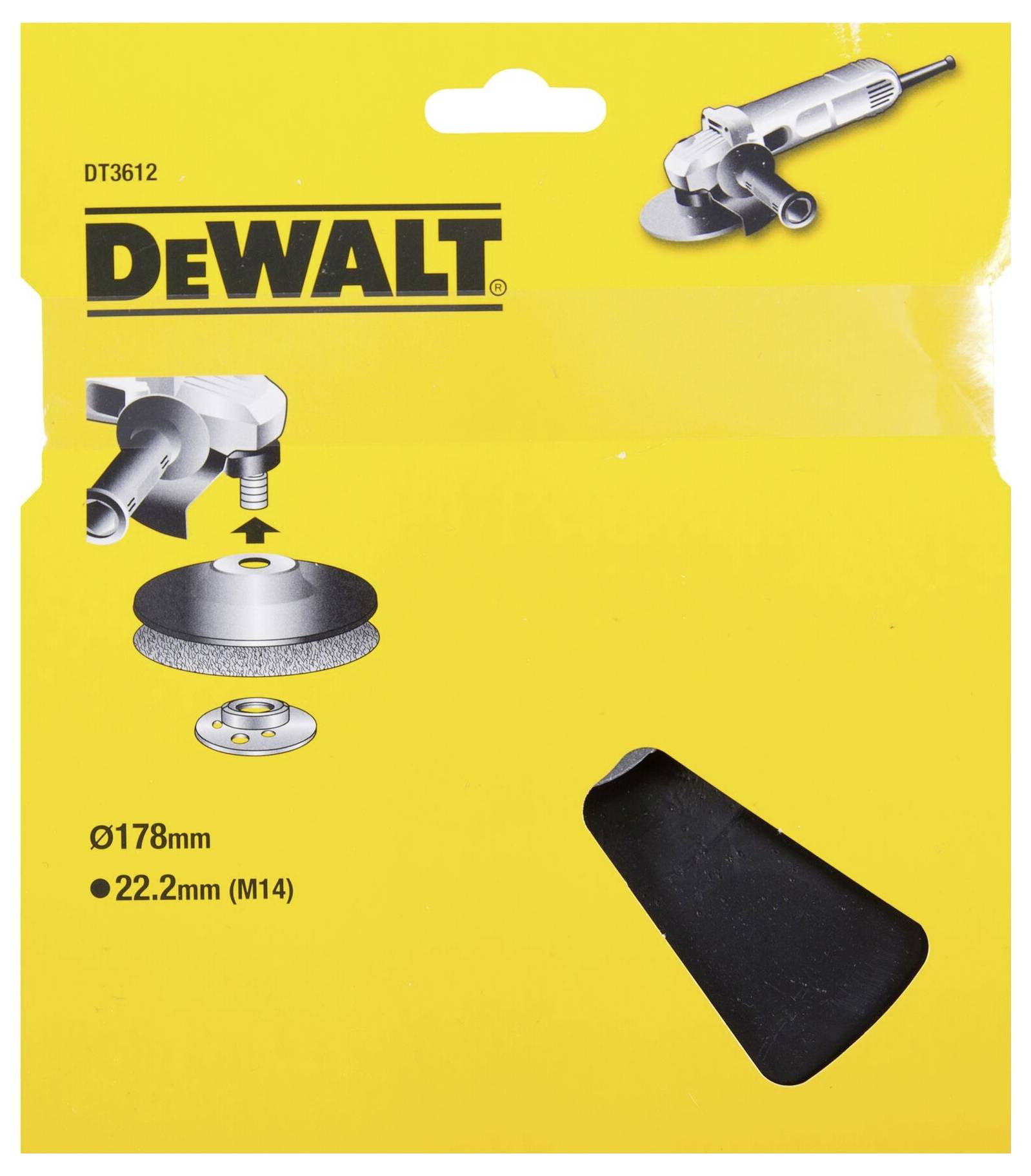Packaging for a DeWalt grinding disc, suitable for 178mm diameter and 22.2mm (M14) bore. Image shows mounting instructions.