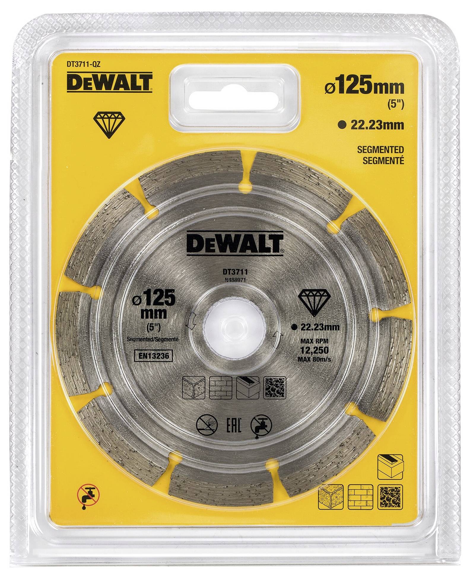 The packaging shows a DeWalt segmented cutting disc, 125 mm in diameter, suitable for dry and wet cutting.