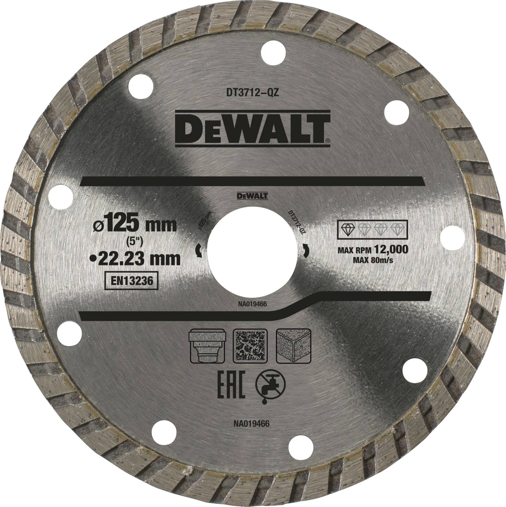 Round metal saw blade by DEWALT, 125 mm diameter, maximum speed 12,000 RPM, suitable for cutting work.