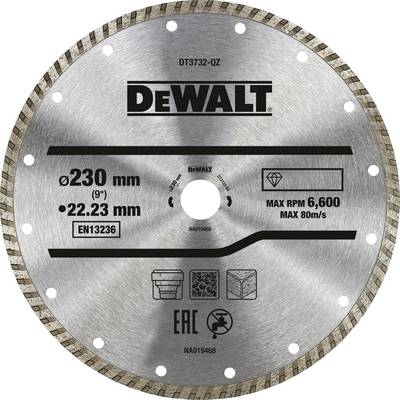 Round metal disc with diamond coating, DeWalt brand, 230 mm diameter, for heavy-duty cutting applications.
