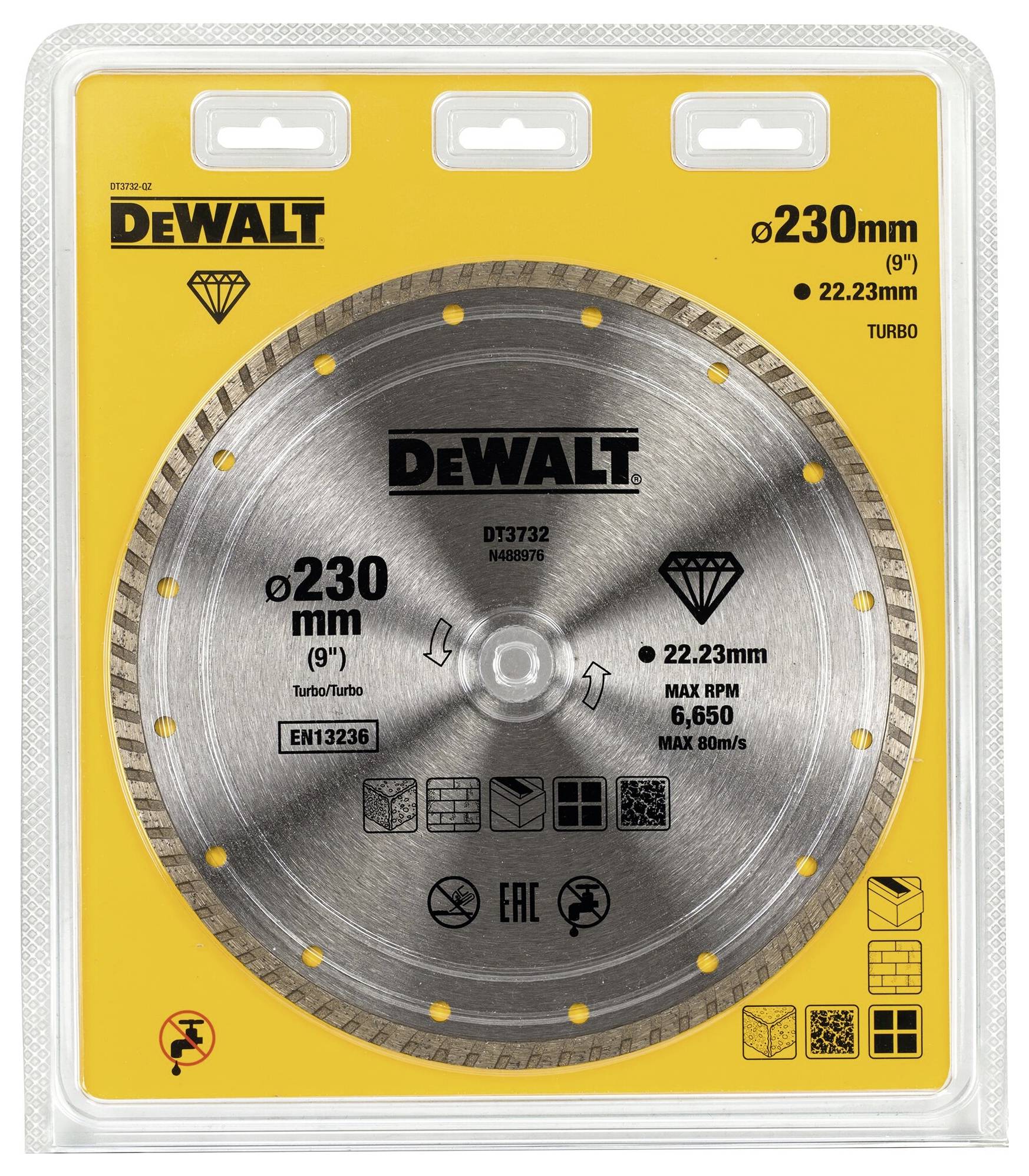 'DeWalt saw blade in packaging, 230 mm, Turbo, with product and safety information on the front.'