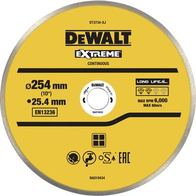 Yellow DEWALT saw blade disc with 254 mm diameter, 25.4 mm bore, suitable for 6,000 rpm, with safety and standard guidance notes.