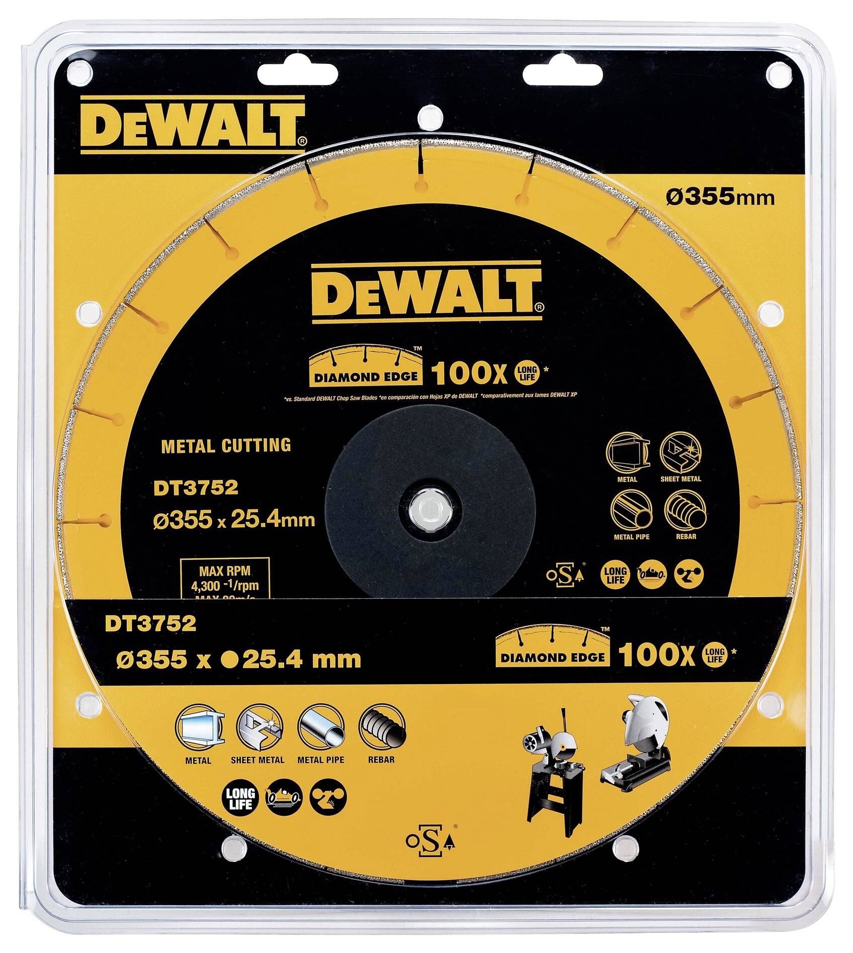 A DeWALT metal cutting disc, Model DT3752, 355 mm diameter, for metal cutting, maximum rotational speed 4,300 rpm.