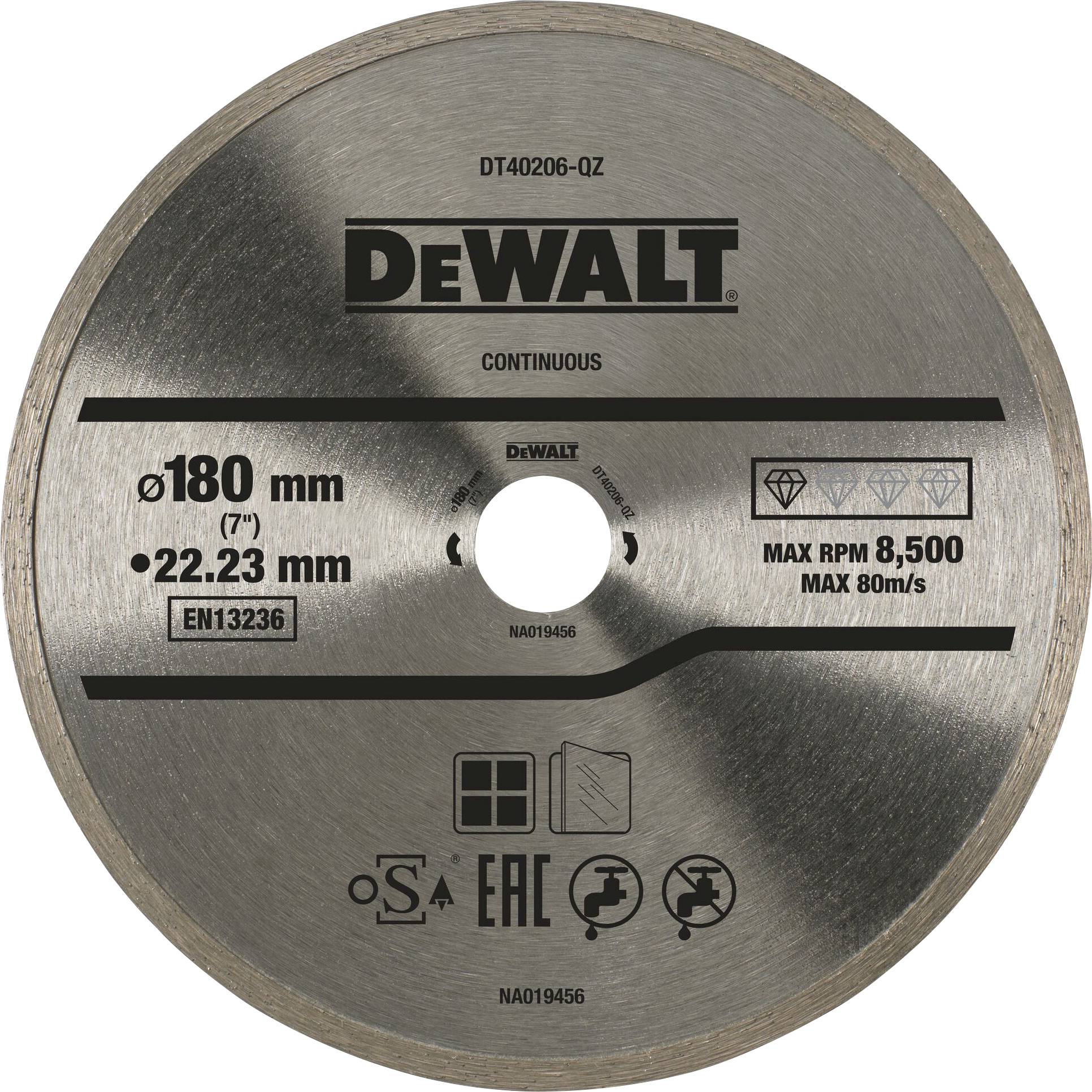 DeWalt grinding disc, 180 mm diameter, maximum speed 8,500 rpm, suitable for steel, with safety symbol markings.
