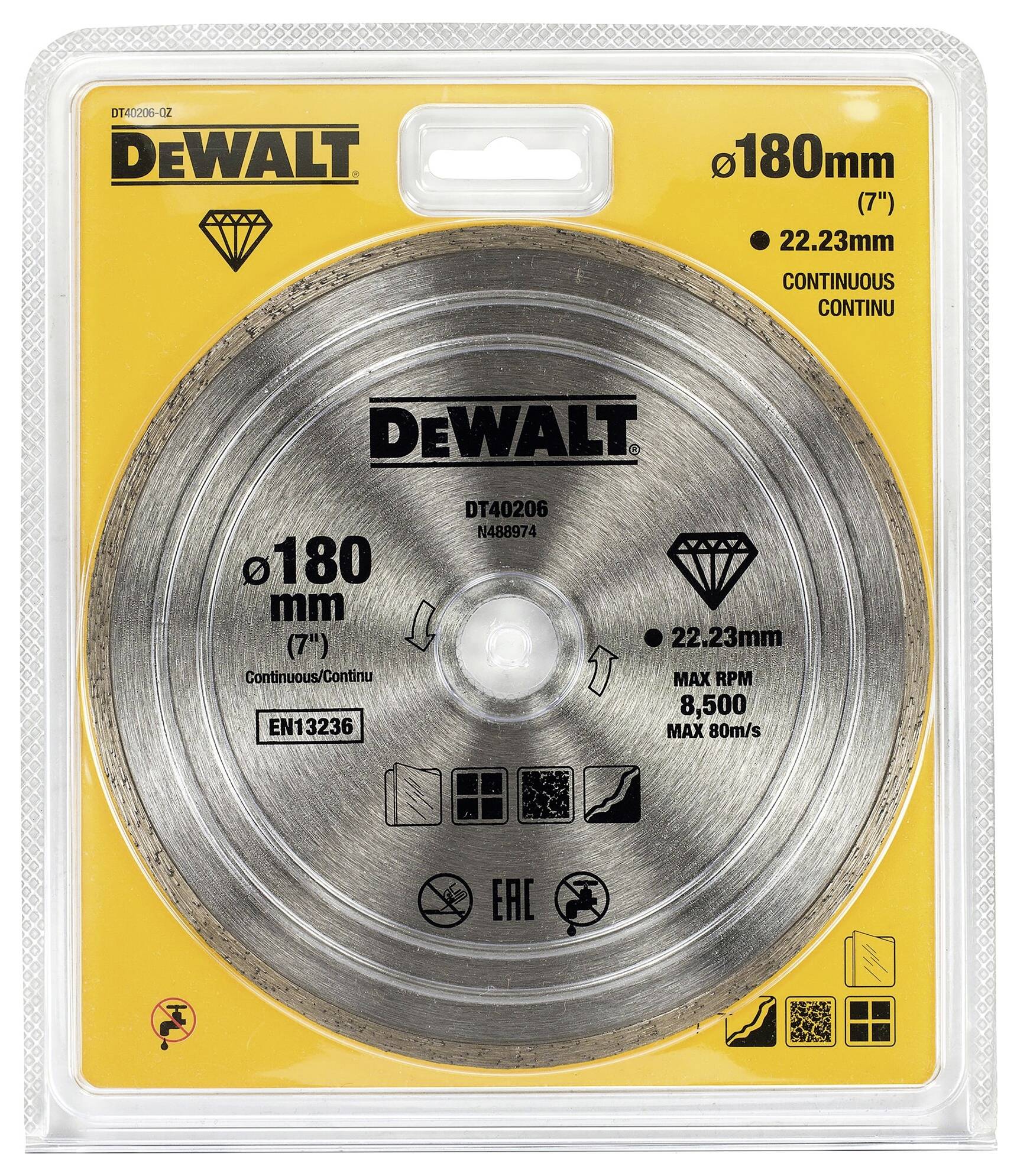 Packaging of a DeWalt cutting disc with a diameter of 180 mm. Label reads: 'Max RPM 8,500', 'Max 80m/s', suitable for metal cutting.