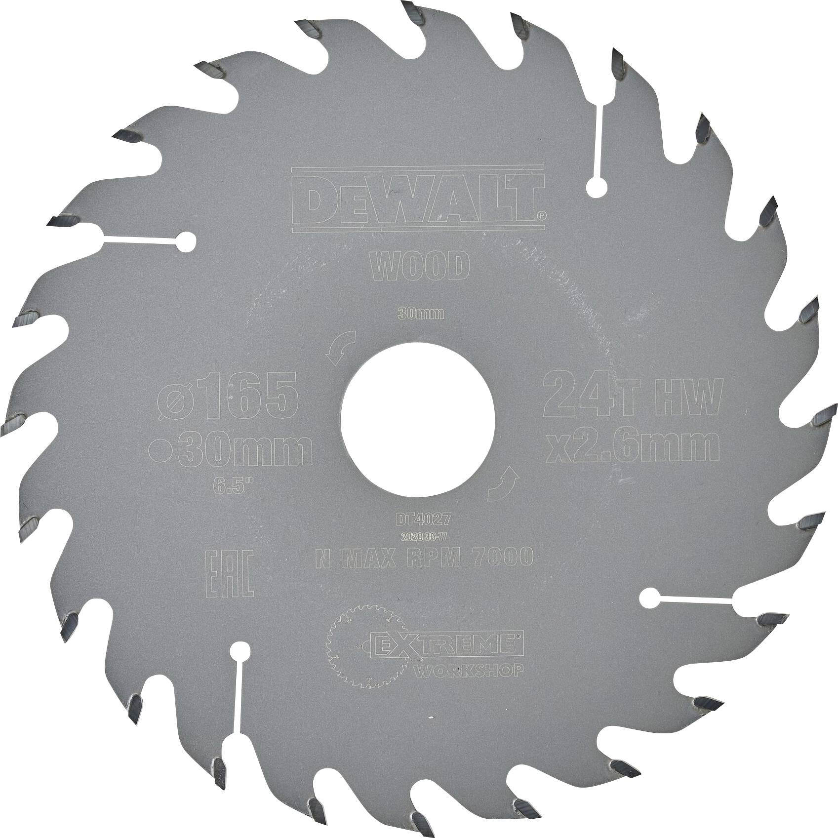 A grey DeWalt circular saw blade for wood, 165 mm diameter, 24 teeth. Suitable for professional woodworking.