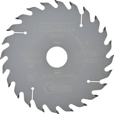 A grey DeWalt circular saw blade for wood, 165 mm diameter, 24 teeth. Suitable for professional woodworking.