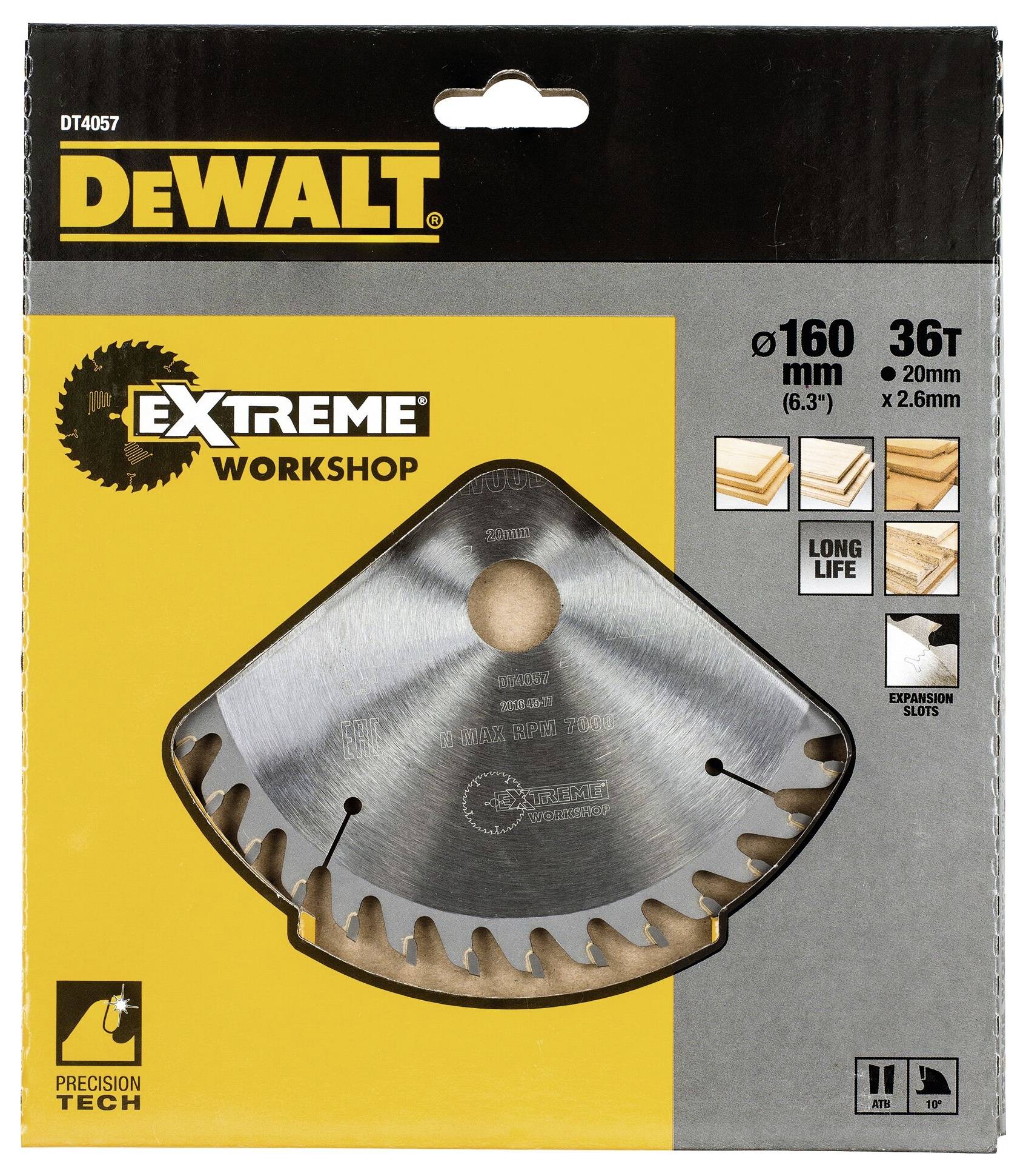 Packaging for a DeWalt circular saw blade with 160 mm diameter and 36 teeth, suitable for wood, offering long-lasting performance and precise cuts.