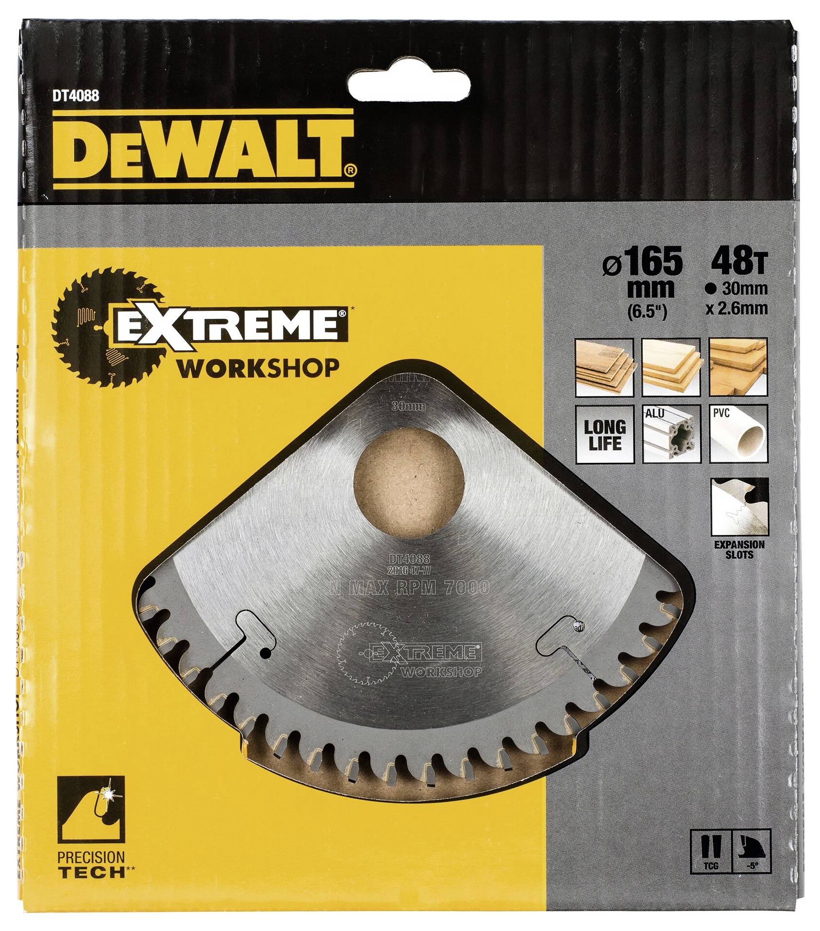 Packaging for a DeWalt saw blade, 165 mm diameter, 48 teeth, suitable for wood, PVC and metal; cutting patterns are illustrated.