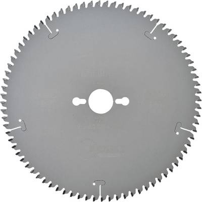 A circular saw blade with many evenly distributed teeth, a central hole, and two small recesses on each side.