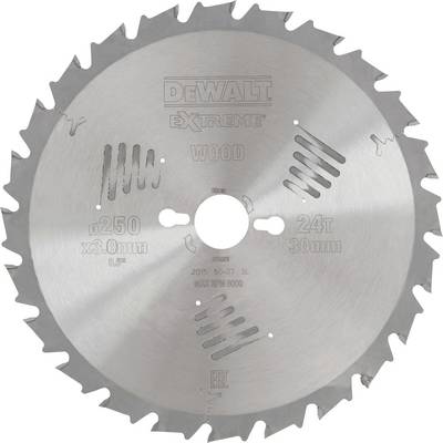Circular saw blade with inscription 'DEWALT EXTREME WOOD', 24 teeth, diameter 250 mm, suitable for wood.